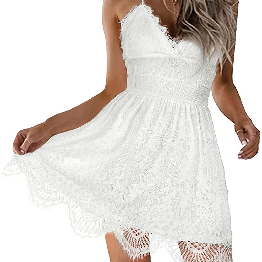 NWT Summer V-Neck Spaghetti Strap Lace Backless Party Club Beach Mini Midi Dress